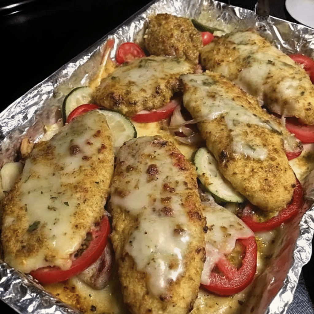 Golden-brown breaded chicken breasts baked with tender zucchini rounds, sliced tomatoes, and melted mozzarella cheese in a rectangular baking dish, garnished with fresh green basil leaves
