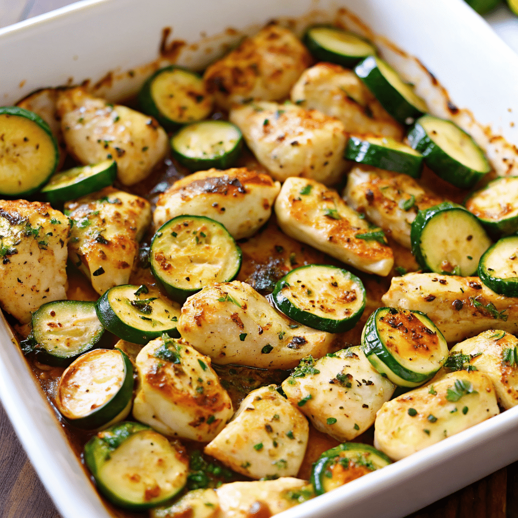 Golden-brown breaded chicken breasts baked with tender zucchini rounds, sliced tomatoes, and melted mozzarella cheese in a rectangular baking dish, garnished with fresh green basil leaves