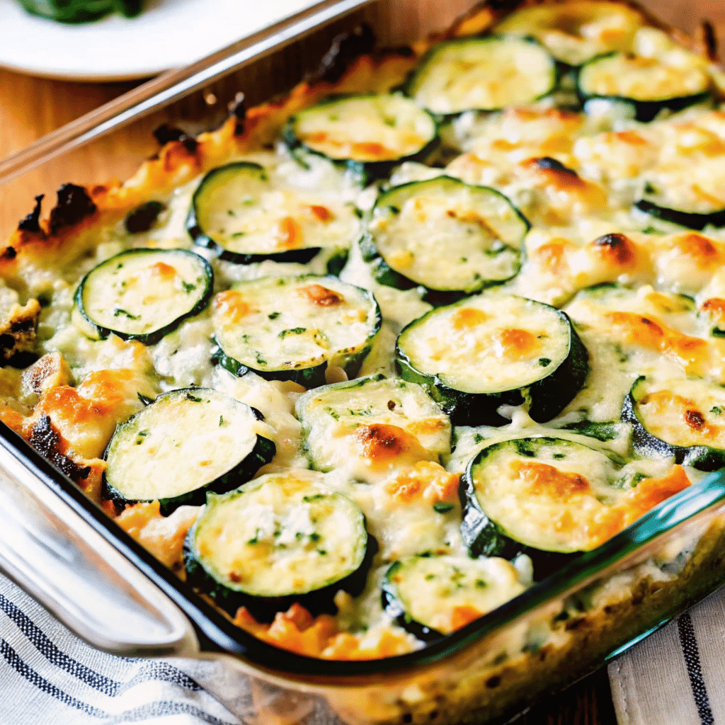 Golden Cheesy Zucchini Bake in white baking dish with melted cheese on top and fresh basil leaves scattered around