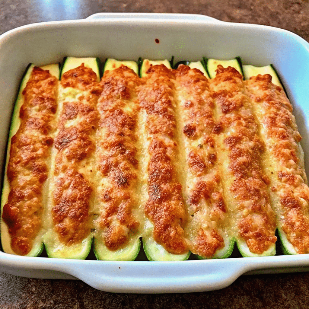 Golden-brown keto chicken parmesan zucchini boats topped with melted mozzarella and parmesan cheese, served in a white baking dish