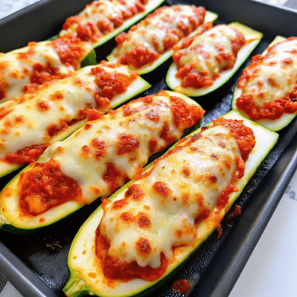 Golden-brown keto chicken parmesan zucchini boats topped with melted mozzarella and parmesan cheese, served in a white baking dish