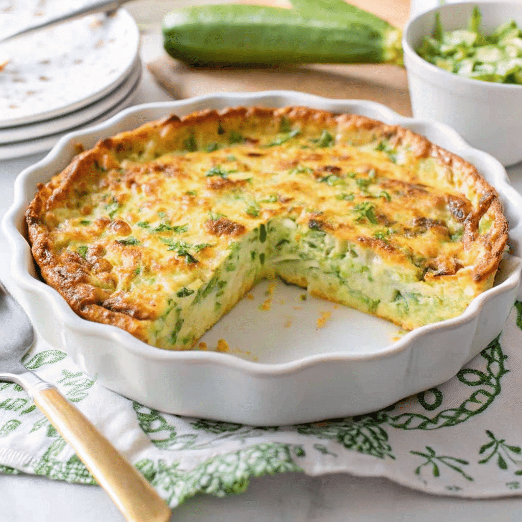 Golden brown keto crustless zucchini quiche with melted smoked Gouda cheese, garnished with fresh chives, cooling in a white pie dish