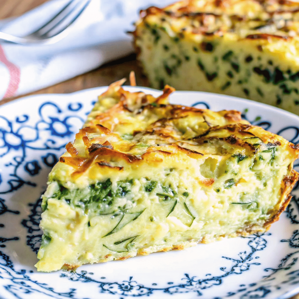 Golden brown keto crustless zucchini quiche with melted smoked Gouda cheese, garnished with fresh chives, cooling in a white pie dish
