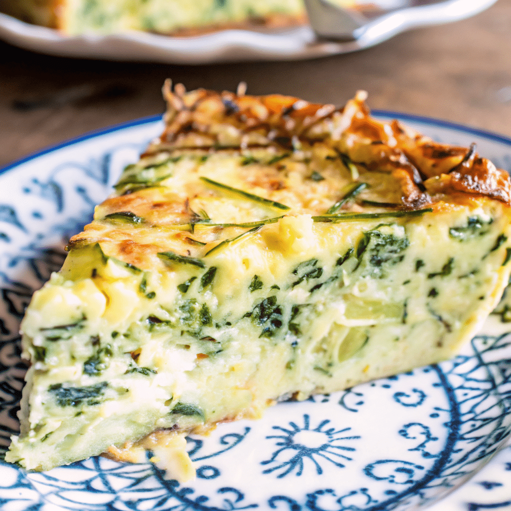 Golden brown keto crustless zucchini quiche with melted smoked Gouda cheese, garnished with fresh chives, cooling in a white pie dish