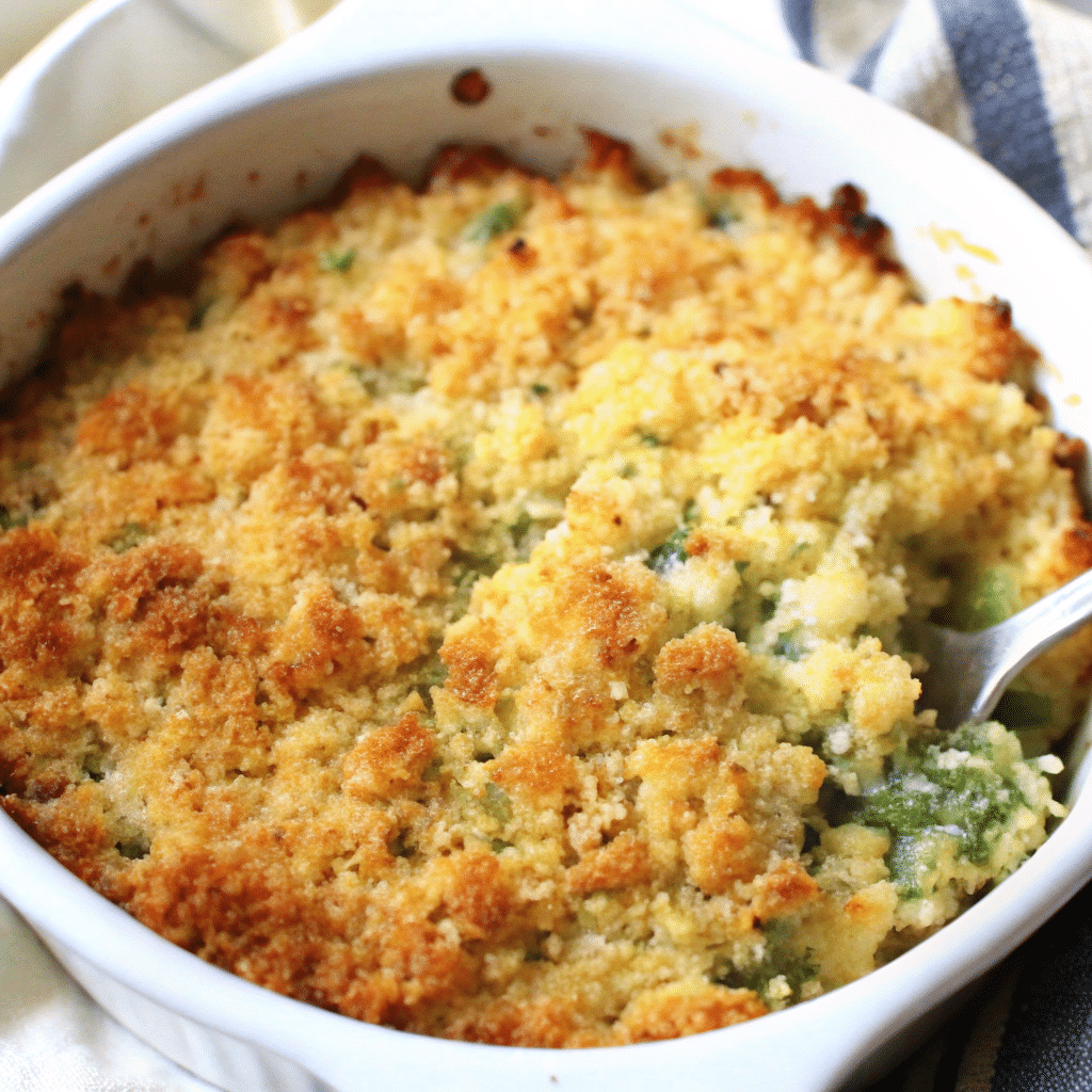 Golden brown cheesy zucchini casserole in white baking dish with melted cheddar cheese on top