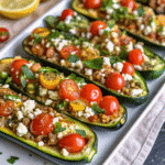 Golden-brown Mediterranean stuffed zucchini boats filled with seasoned ground lamb, feta cheese, pine nuts, and fresh mint, topped with breadcrumbs and melted mozzarella