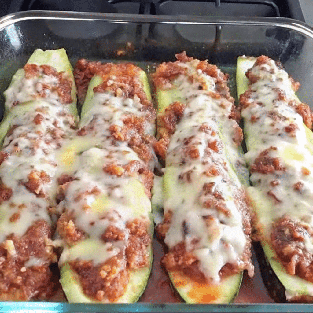 Golden-brown Mediterranean stuffed zucchini boats filled with seasoned ground lamb, feta cheese, pine nuts, and fresh mint, topped with breadcrumbs and melted mozzarella