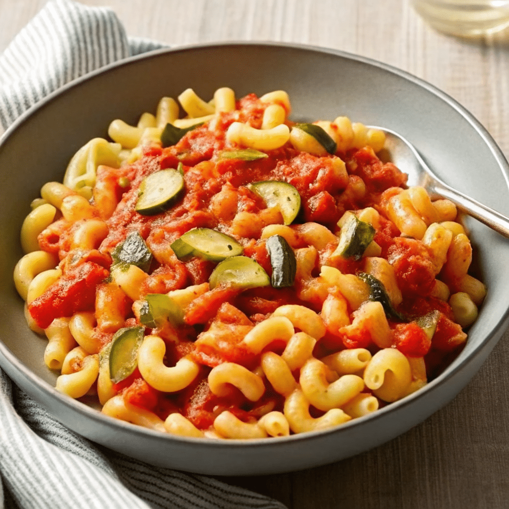 A colorful bowl of pasta with golden zucchini rounds, burst cherry tomatoes, and fresh basil, topped with grated Parmesan cheese