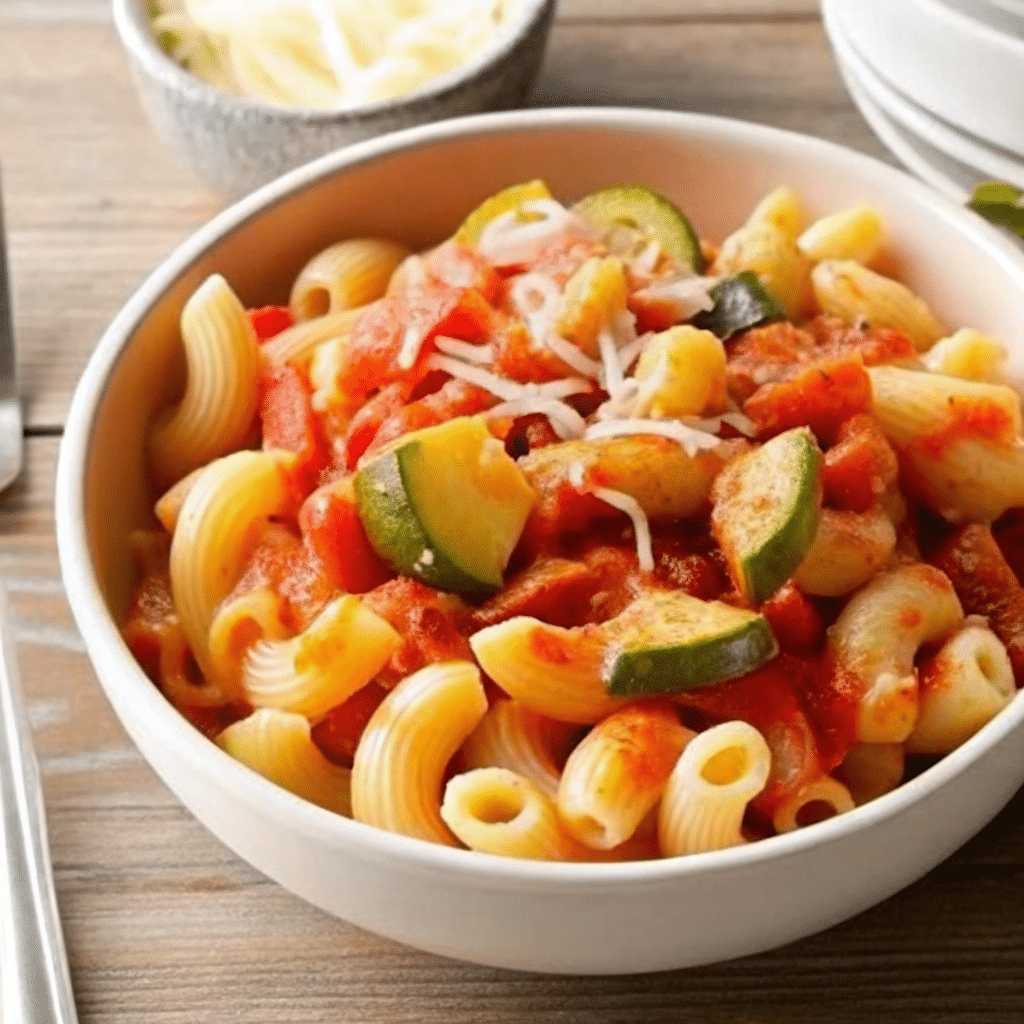 A colorful bowl of pasta with golden zucchini rounds, burst cherry tomatoes, and fresh basil, topped with grated Parmesan cheese
