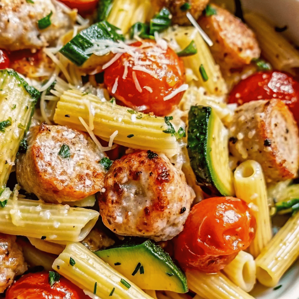 One-pot chicken sausage pasta with zucchini and tomatoes in a large skillet, garnished with fresh basil and Parmesan cheese