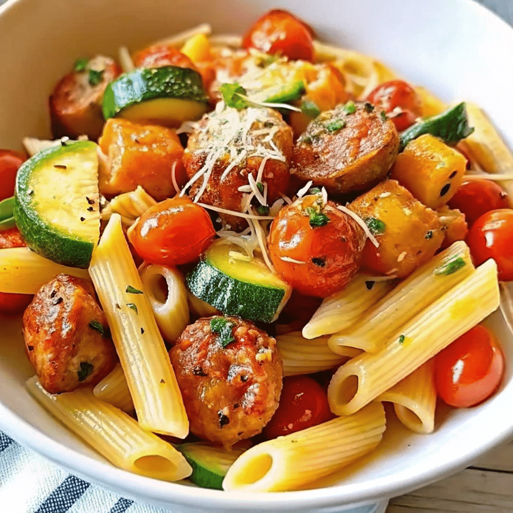 One-pot chicken sausage pasta with zucchini and tomatoes in a large skillet, garnished with fresh basil and Parmesan cheese