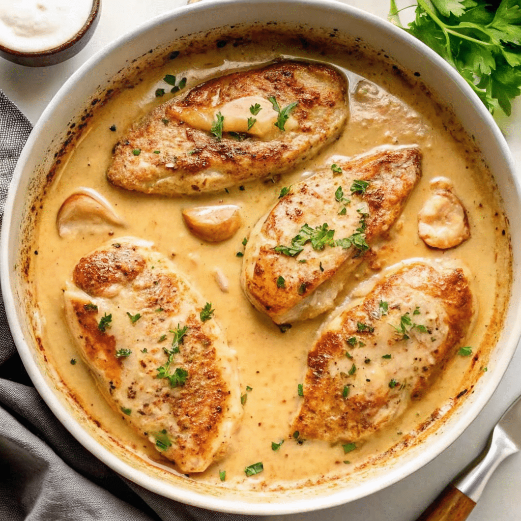 Golden Creamy Garlic Chicken in a rich, creamy garlic sauce garnished with fresh parsley in a cast iron skillet