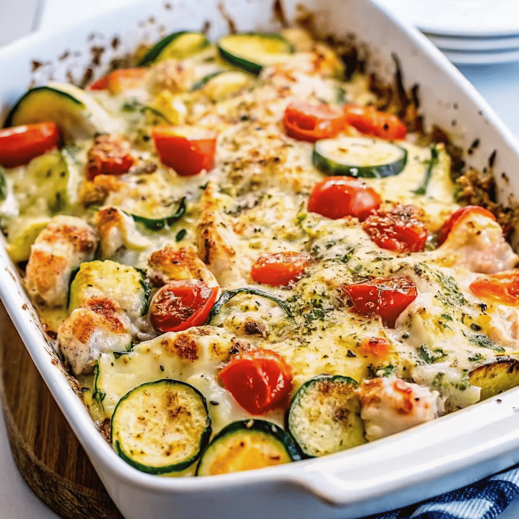 Mediterranean Chicken Zucchini Bake with melted cheese, fresh herbs, and golden chicken cutlets in a baking dish