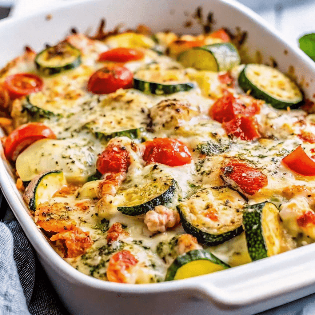 Mediterranean Chicken Zucchini Bake with melted cheese, fresh herbs, and golden chicken cutlets in a baking dish