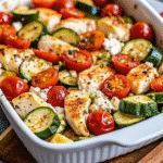 Mediterranean Chicken Zucchini Bake with melted cheese, fresh herbs, and golden chicken cutlets in a baking dish