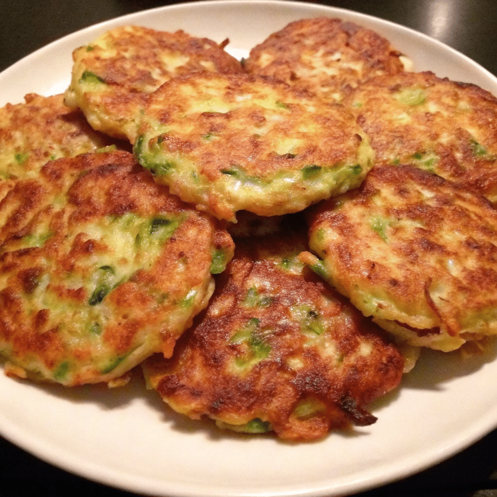 Golden crispy zucchini patties on a white plate with a small bowl of sour cream for dipping