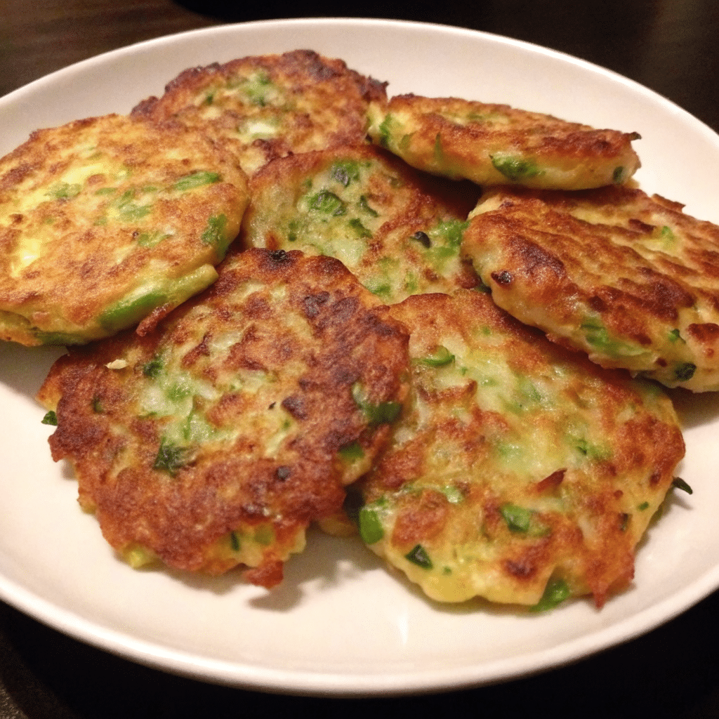 Golden crispy zucchini patties on a white plate with a small bowl of sour cream for dipping
