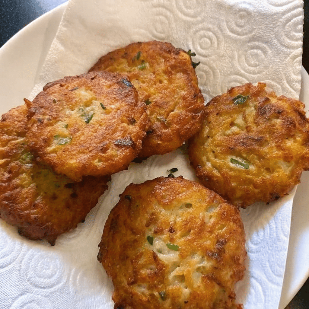Golden crispy zucchini patties on a white plate with a small bowl of sour cream for dipping