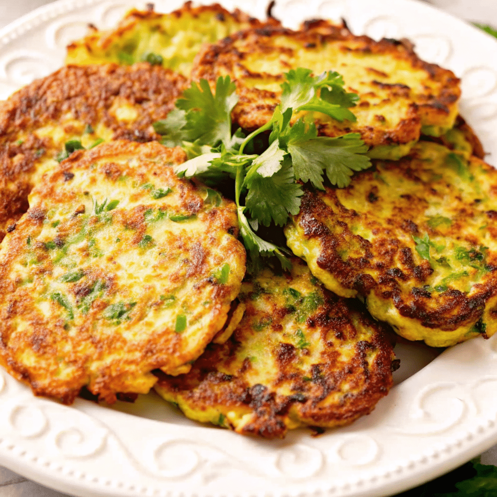 Golden brown crispy keto zucchini fritters on a white plate with fresh herbs