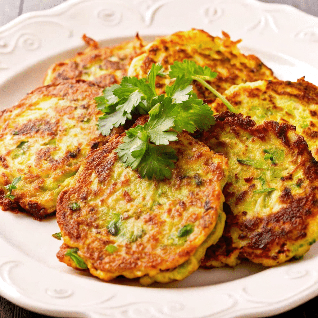Golden brown crispy keto zucchini fritters on a white plate with fresh herbs