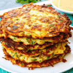 Golden brown crispy keto zucchini fritters on a white plate with fresh herbs