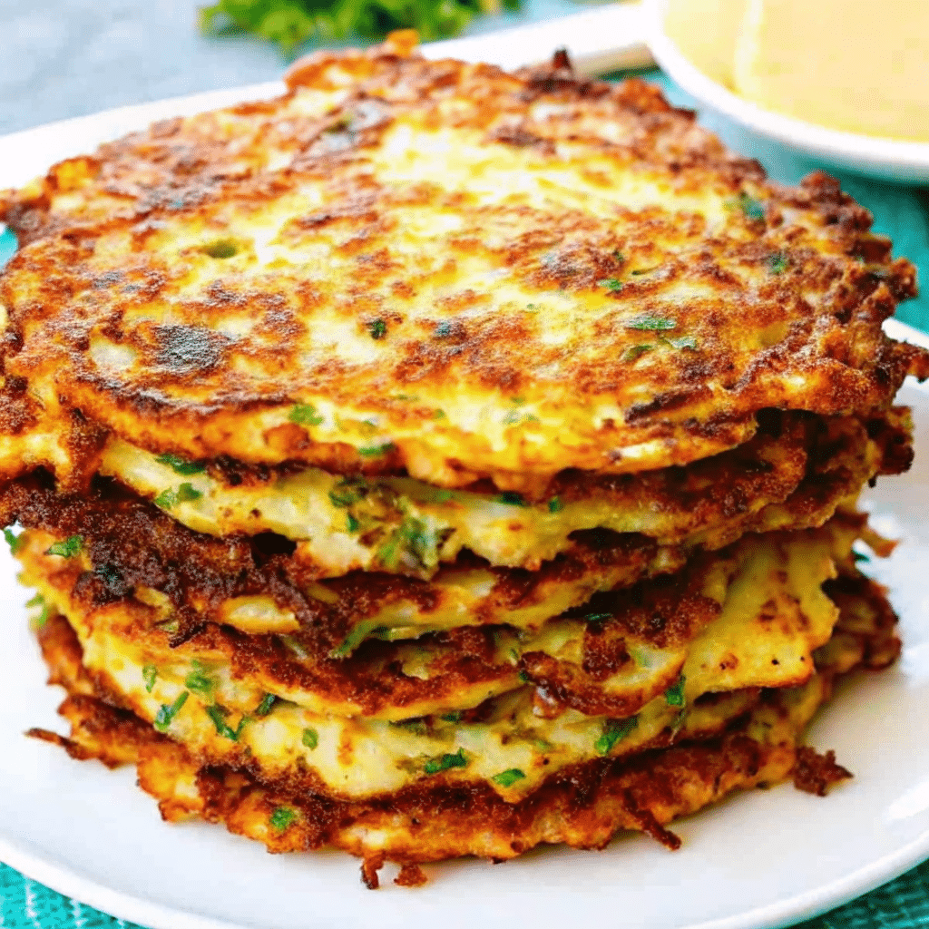 Golden brown crispy keto zucchini fritters on a white plate with fresh herbs