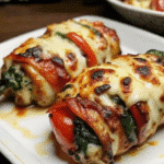 Golden Roasted Red Pepper, Spinach & Mozzarella Stuffed Chicken sliced to show colorful filling