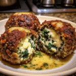 Golden brown Spinach Garlic Meatballs Stuffed With Mozzarella served with marinara sauce and fresh basil