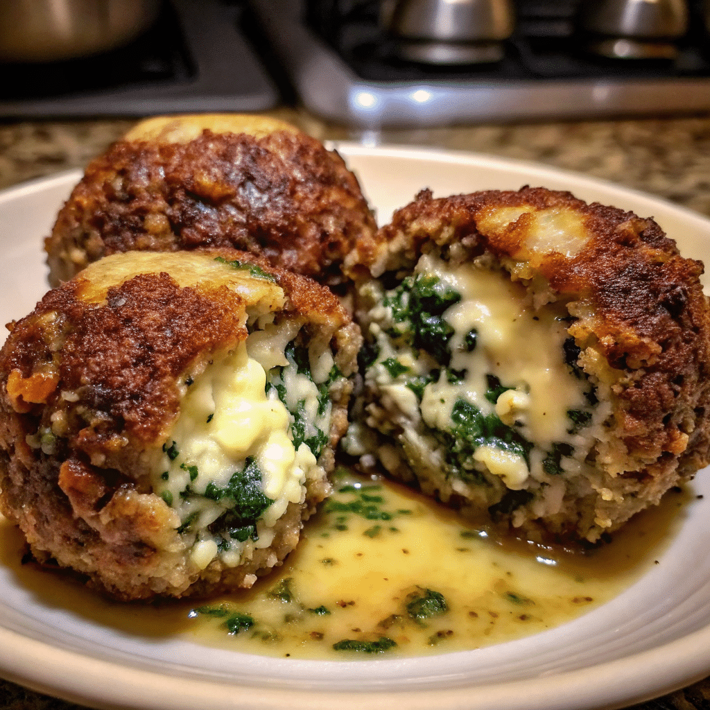 Golden brown Spinach Garlic Meatballs Stuffed With Mozzarella served with marinara sauce and fresh basil