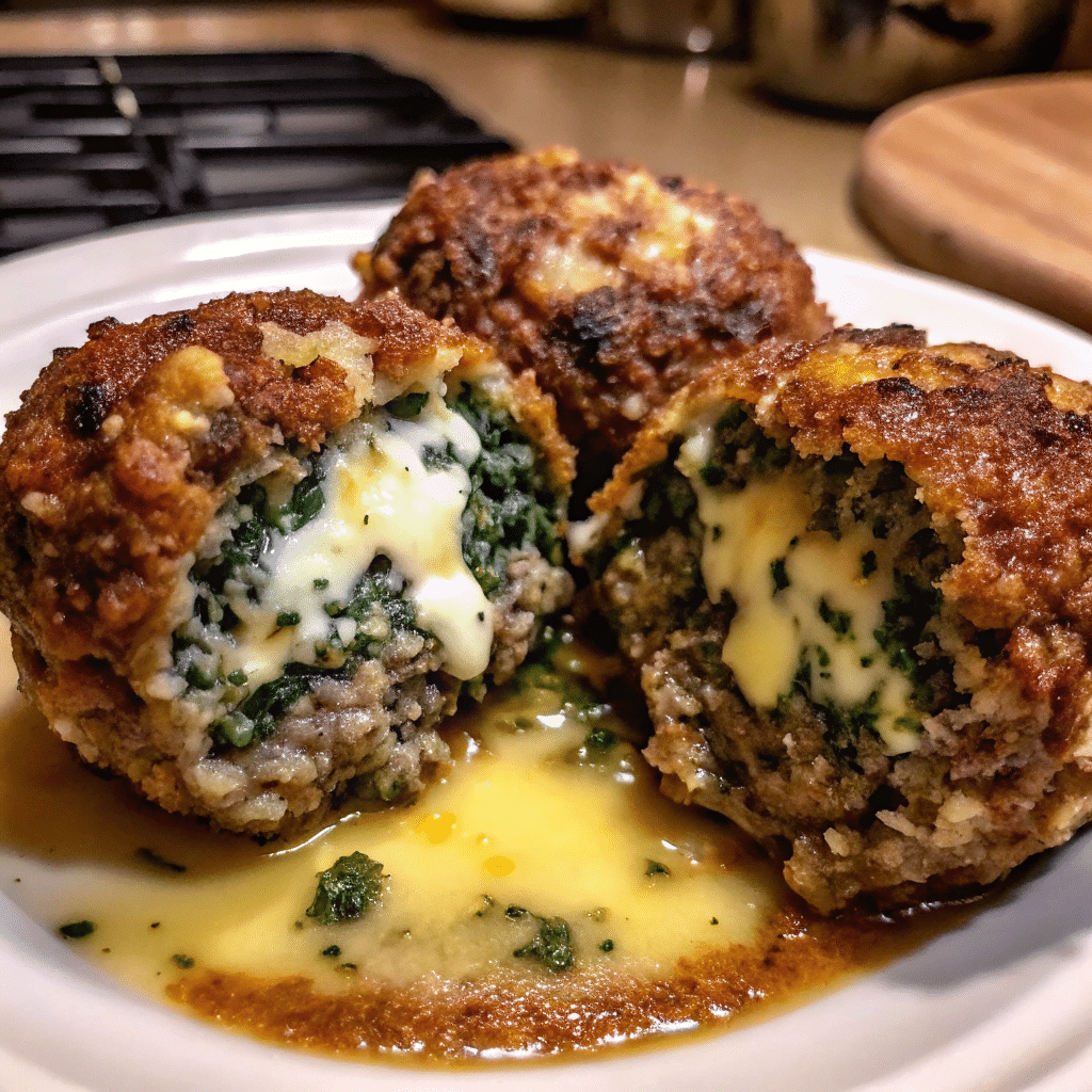 Golden brown Spinach Garlic Meatballs Stuffed With Mozzarella served with marinara sauce and fresh basil