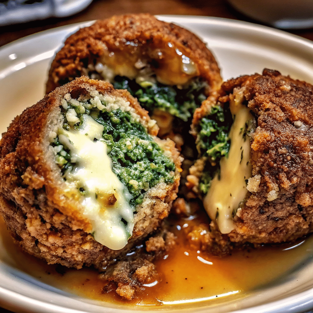 Golden brown Spinach Garlic Meatballs Stuffed With Mozzarella served with marinara sauce and fresh basil