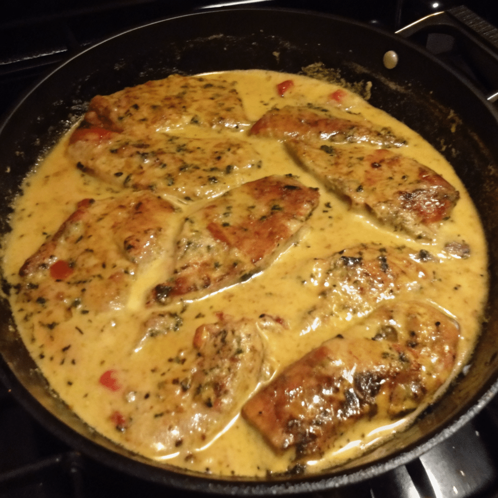Golden seared Marry Me Chicken in a creamy Parmesan sauce with sun-dried tomatoes and fresh herbs in a cast iron skillet