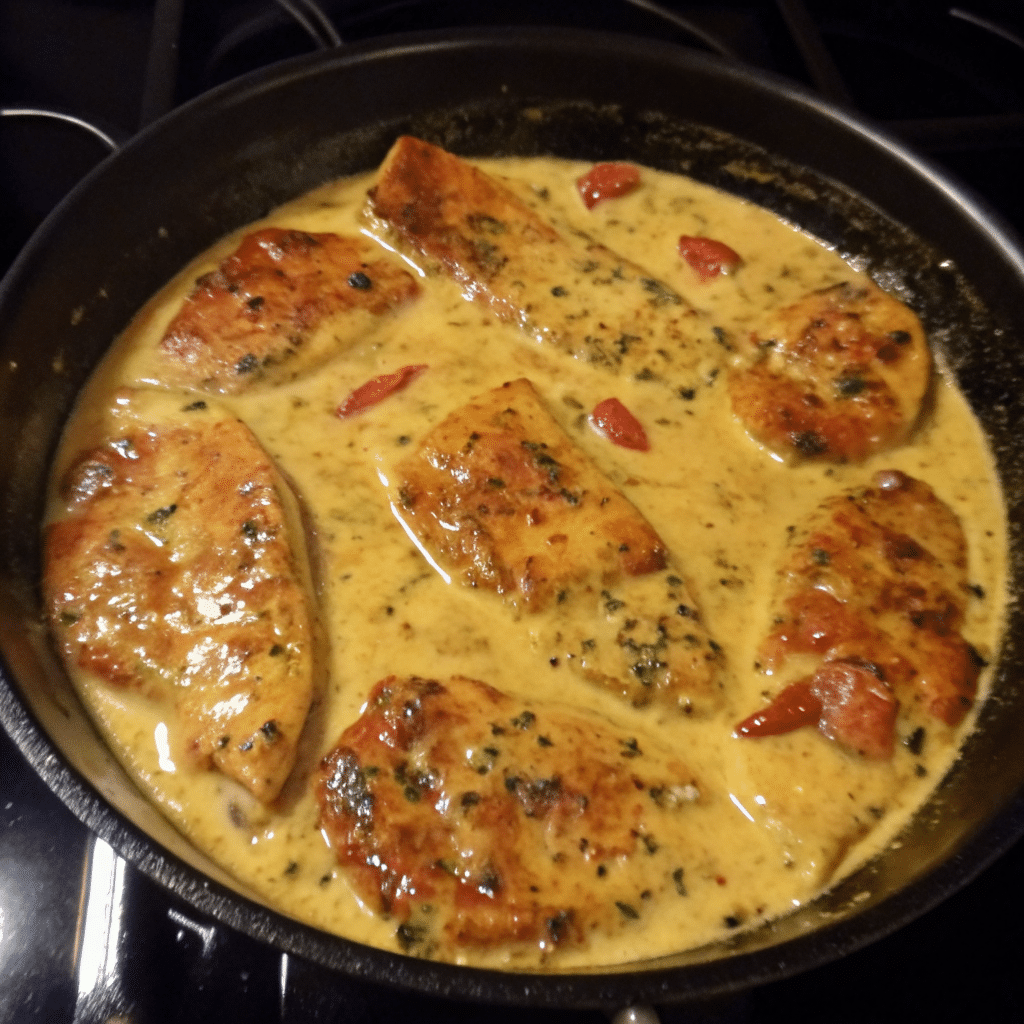 Golden seared Marry Me Chicken in a creamy Parmesan sauce with sun-dried tomatoes and fresh herbs in a cast iron skillet