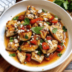 Hot Honey Feta Chicken topped with crumbled white feta cheese and drizzled with glossy hot honey sauce on a white plate