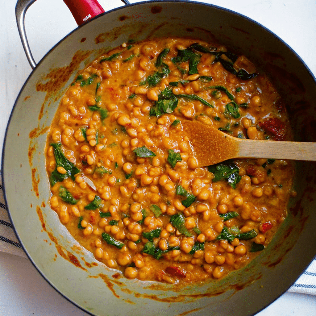 A creamy bowl of Marry Me Chickpeas with sun-dried tomatoes and fresh basil, served over rice