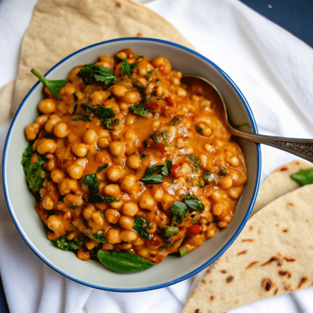 A creamy bowl of Marry Me Chickpeas with sun-dried tomatoes and fresh basil, served over rice