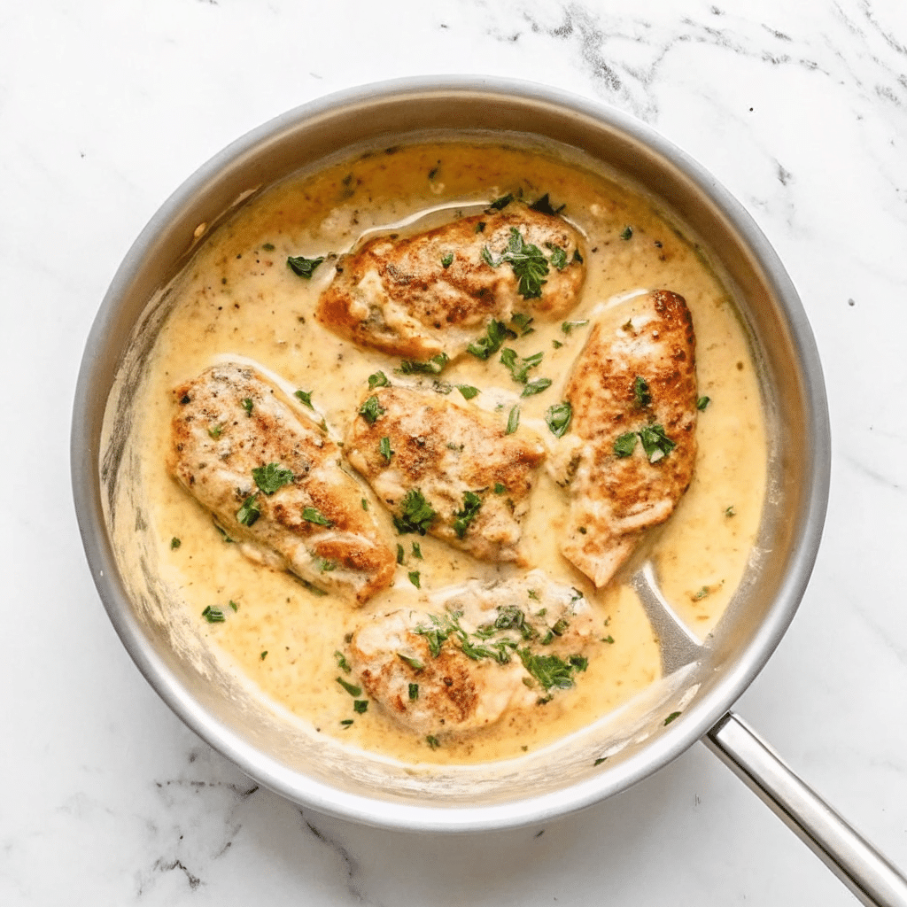 Golden-brown Creamy Dijon Chicken covered in creamy, pale yellow Dijon sauce with fresh green spinach leaves, served in a black cast iron skillet