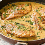 Golden-brown Creamy Dijon Chicken covered in creamy, pale yellow Dijon sauce with fresh green spinach leaves, served in a black cast iron skillet