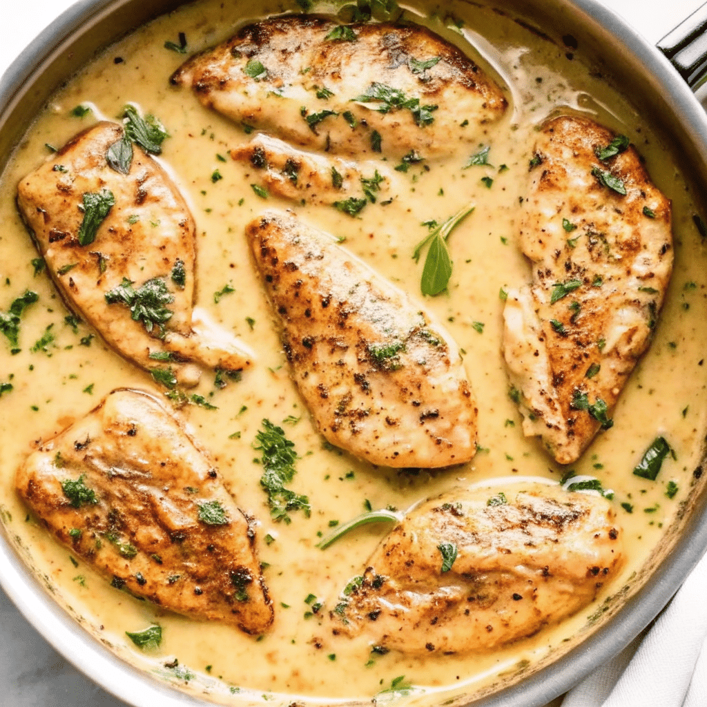 Golden-brown Creamy Dijon Chicken covered in creamy, pale yellow Dijon sauce with fresh green spinach leaves, served in a black cast iron skillet