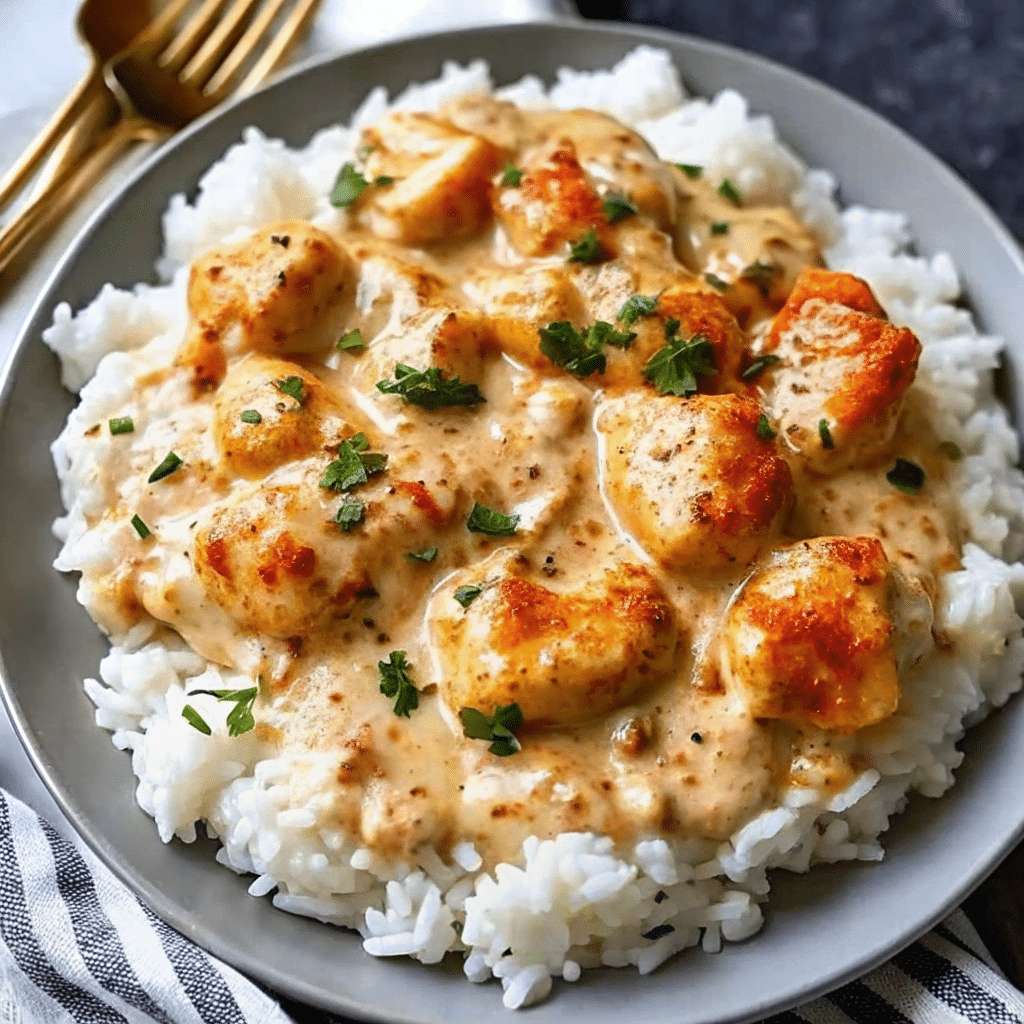 Creamy Smothered Chicken and Rice in rich white sauce served over fluffy white rice in a cast iron skillet, garnished with fresh herbs