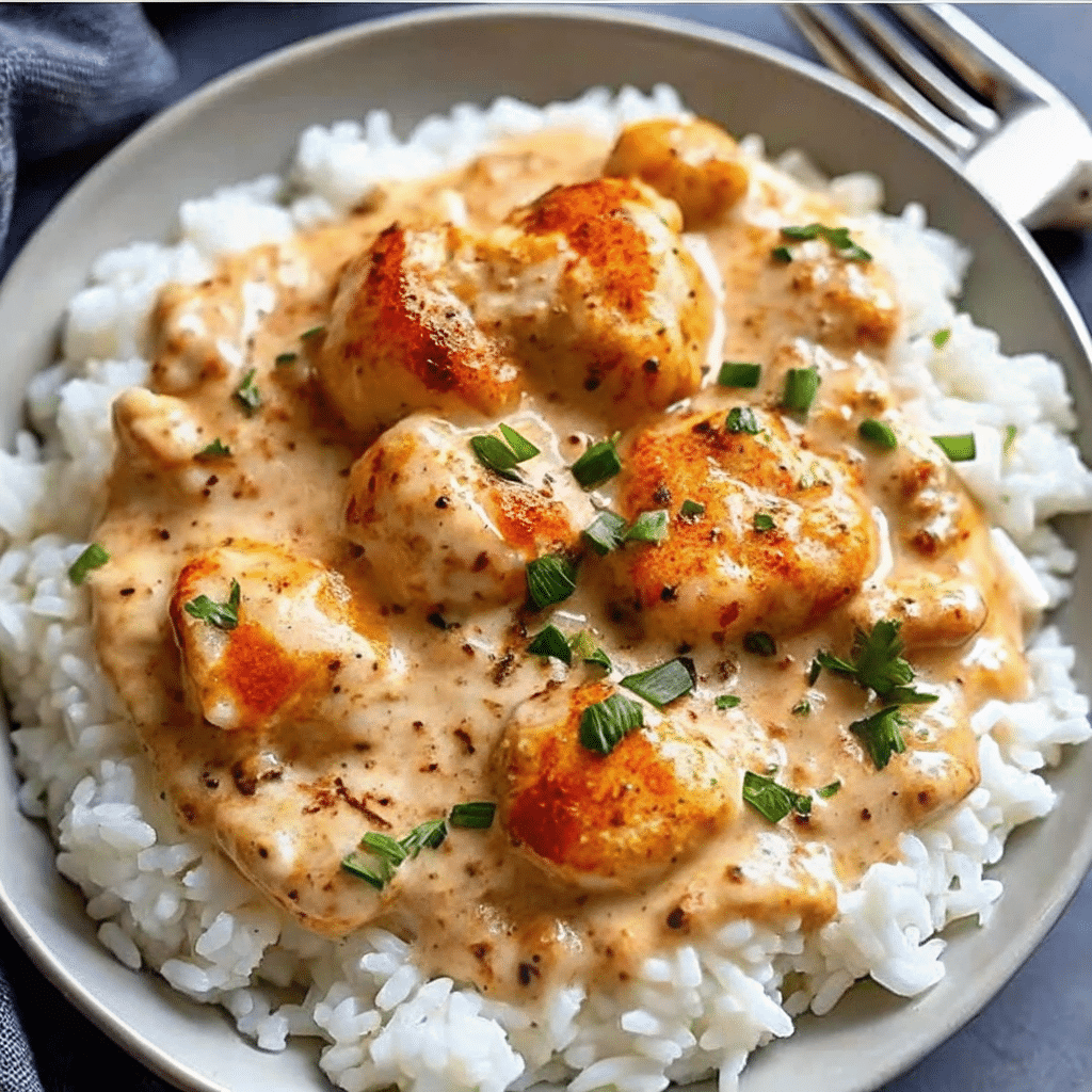 Creamy Smothered Chicken and Rice in rich white sauce served over fluffy white rice in a cast iron skillet, garnished with fresh herbs