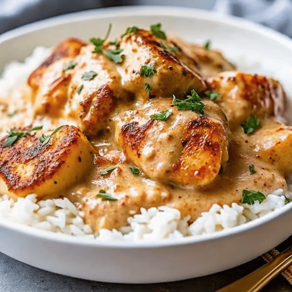 Creamy Smothered Chicken and Rice in rich white sauce served over fluffy white rice in a cast iron skillet, garnished with fresh herbs