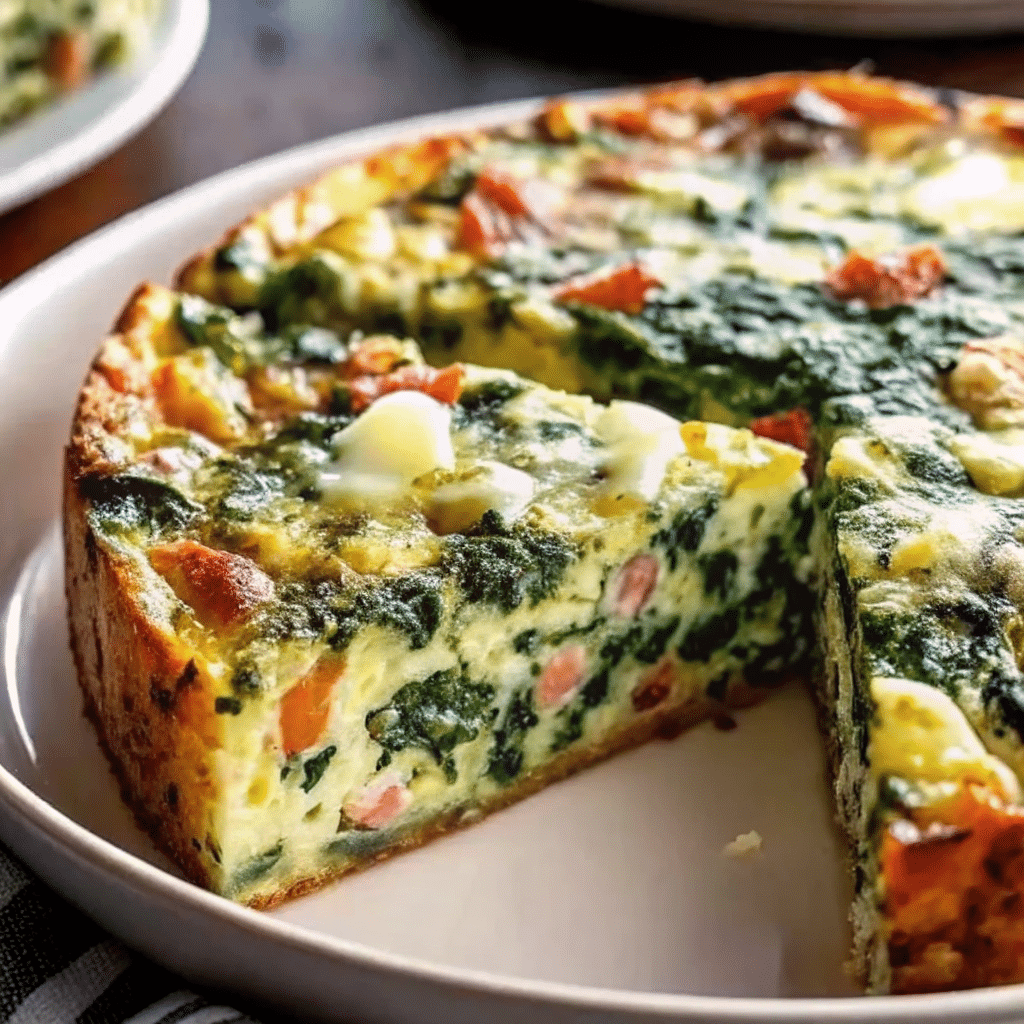 Golden-brown crustless spinach, onion and feta quiche in a white ceramic pie dish, garnished with fresh dill and cut into wedges