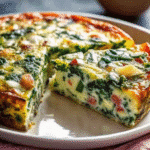 Golden-brown crustless spinach, onion and feta quiche in a white ceramic pie dish, garnished with fresh dill and cut into wedges
