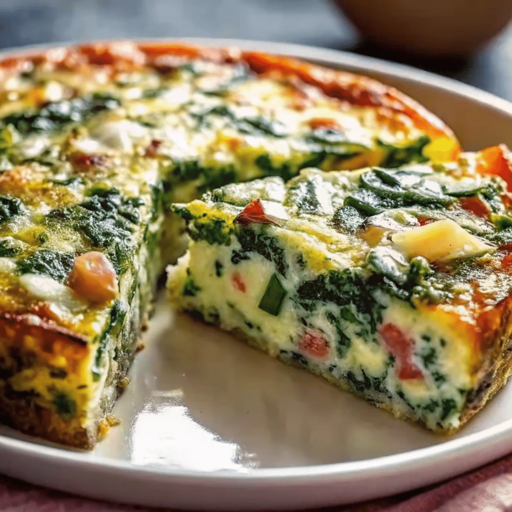 Golden-brown crustless spinach, onion and feta quiche in a white ceramic pie dish, garnished with fresh dill and cut into wedges