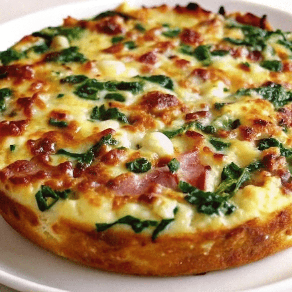 Golden-brown crustless spinach, onion and feta quiche in a white ceramic pie dish, garnished with fresh dill and cut into wedges
