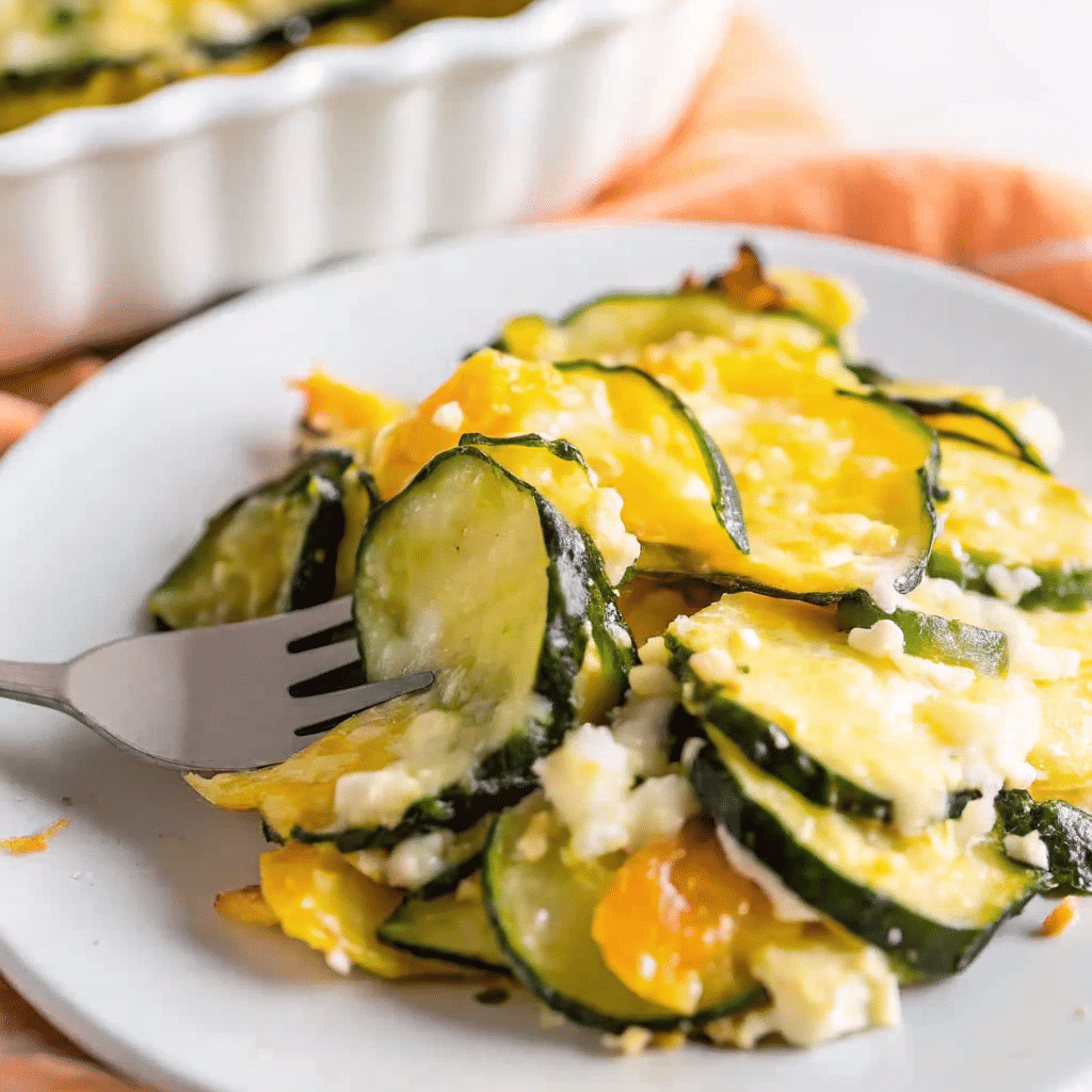 Golden brown keto zucchini casserole in a white baking dish, topped with melted Colby-Jack cheese and showing layers of tender zucchini in a creamy sauce