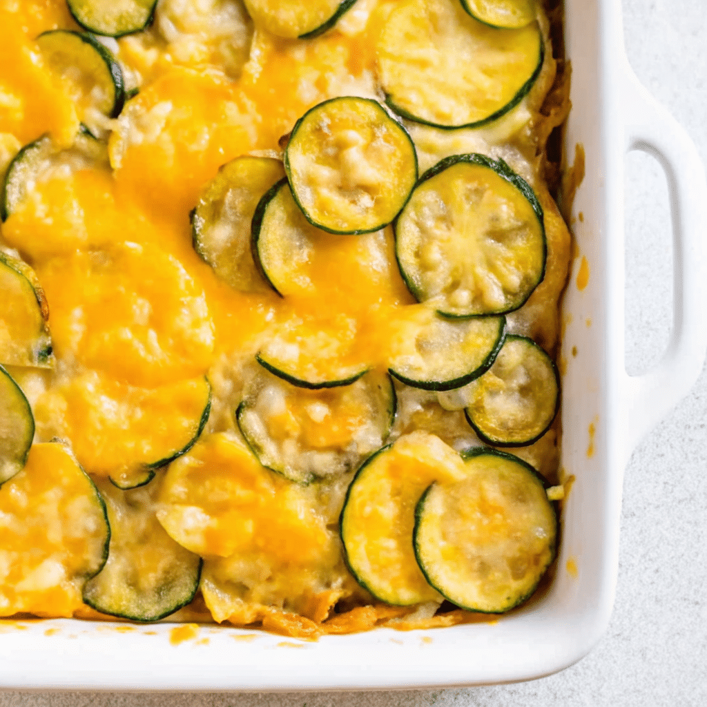 Golden brown keto zucchini casserole in a white baking dish, topped with melted Colby-Jack cheese and showing layers of tender zucchini in a creamy sauce