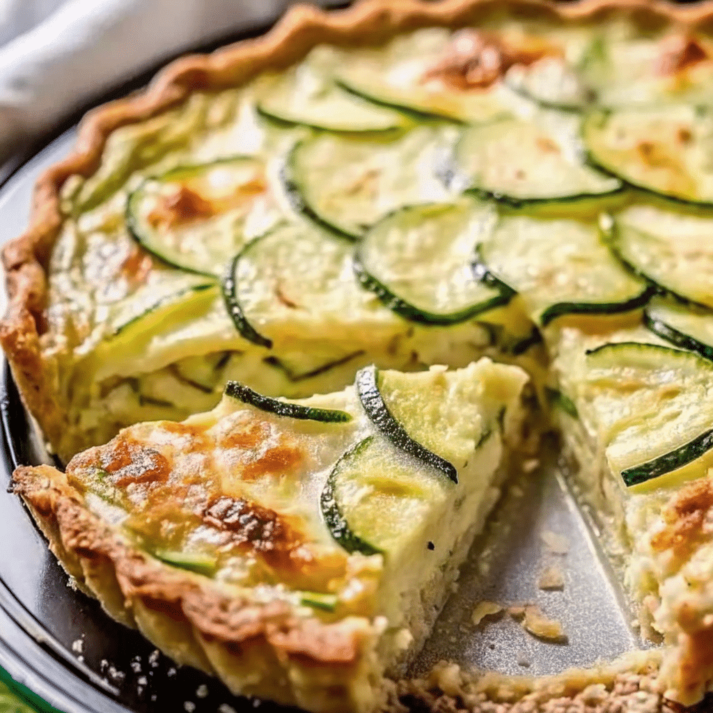 Golden-brown zucchini onion pie in a white pie plate, showing the perfectly set custard-like texture with visible zucchini slices and melted cheese throughout.