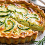 Golden-brown zucchini onion pie in a white pie plate, showing the perfectly set custard-like texture with visible zucchini slices and melted cheese throughout.